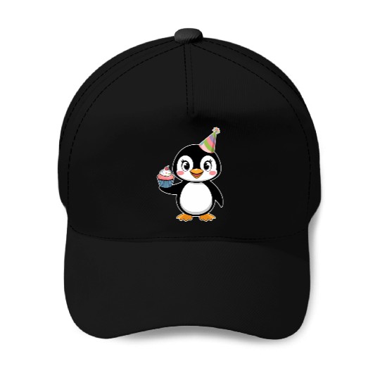 Birthday Joyful Penguin With Cupcake Baseball Caps