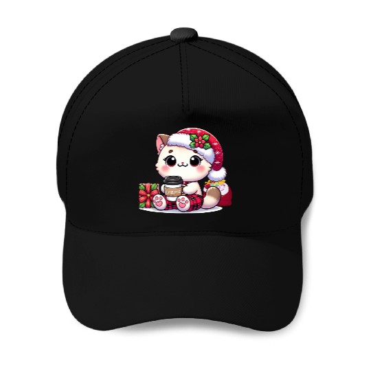 A Cute Kawaii Cat Drinking Coffee Baseball Caps
