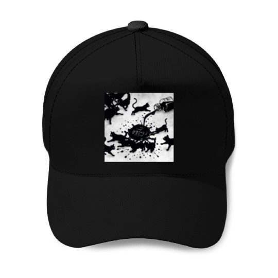 Spilled ink bottle pours black cats Baseball Caps