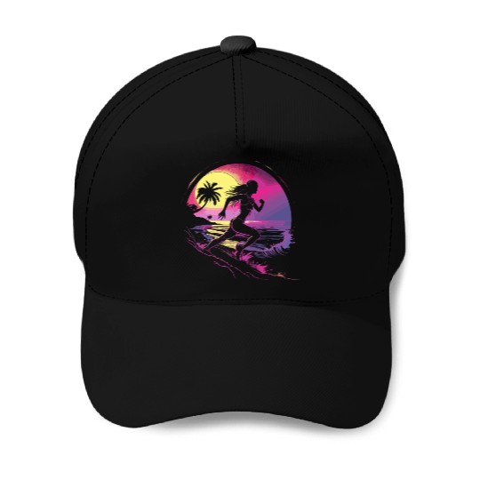 Female Runner Synthwave Baseball Caps