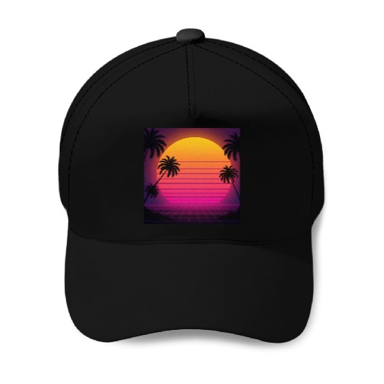 Retro Sunset with Palm Trees Baseball Caps
