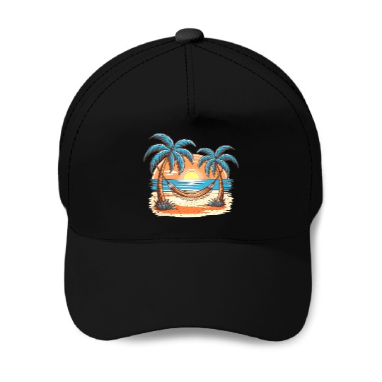Tropical Sunset Hammock Scene Baseball Caps