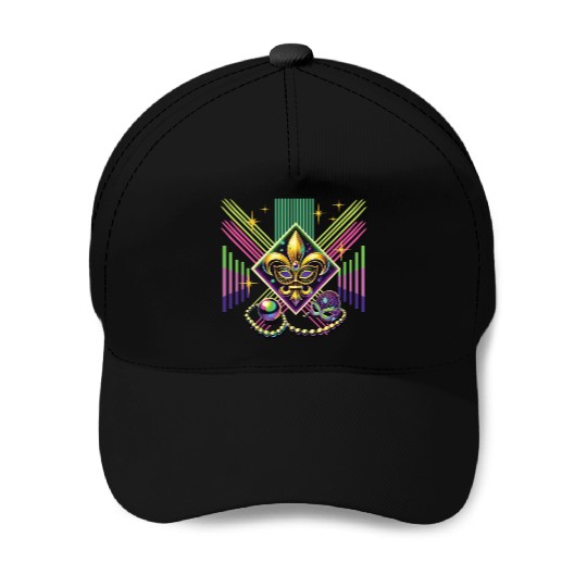 Mardi Gras Retro Synthwave Mask Neon Vibes Baseball Caps