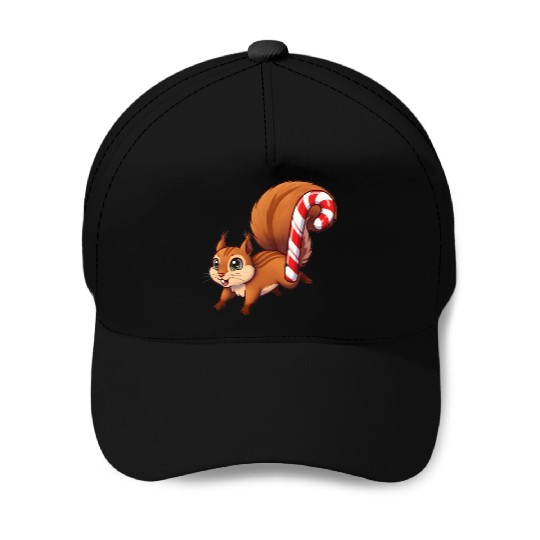A squirrel with a candy cane tail. Baseball Caps