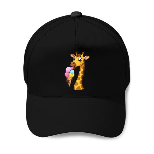 A giraffe licking a giant ice cream cone. Baseball Caps