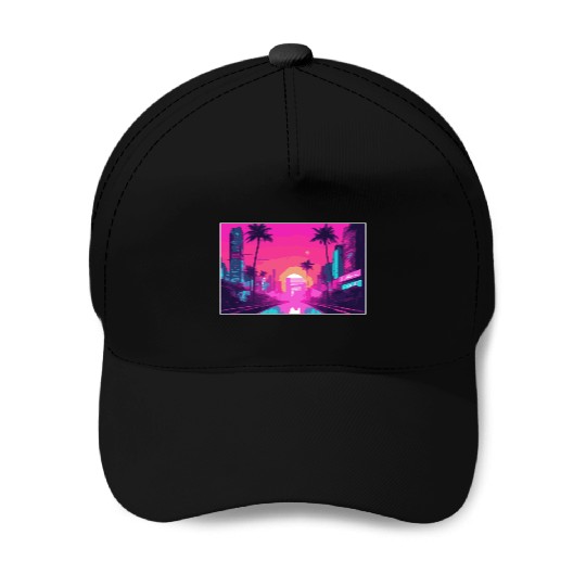 Neon Paradise Vaporwave Sunset Vibes Baseball Caps