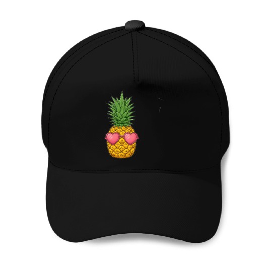 A cute pineapple with heart-shaped sunglasses. Baseball Caps