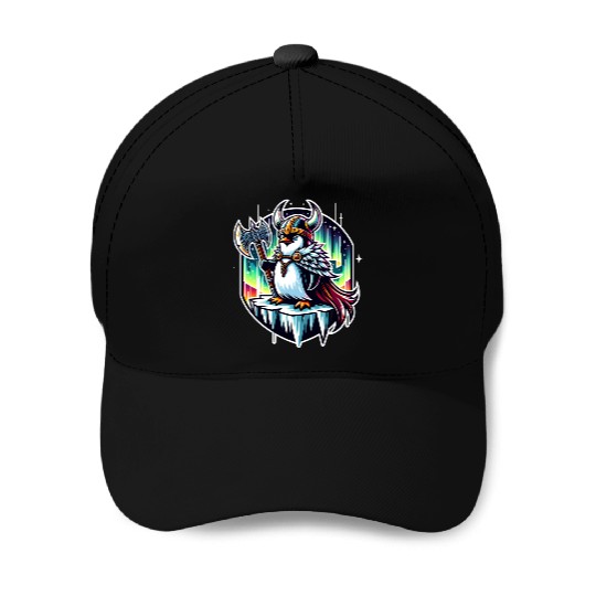 Viking Penguin Conquering Northern Lights Baseball Caps
