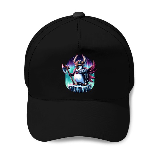 Viking Penguin Warrior Under Northern Lights Baseball Caps