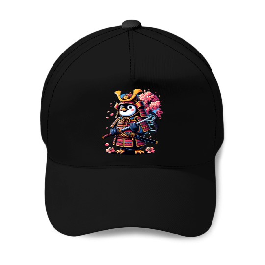 Penguin Samurai with Cherry Blossoms Baseball Caps