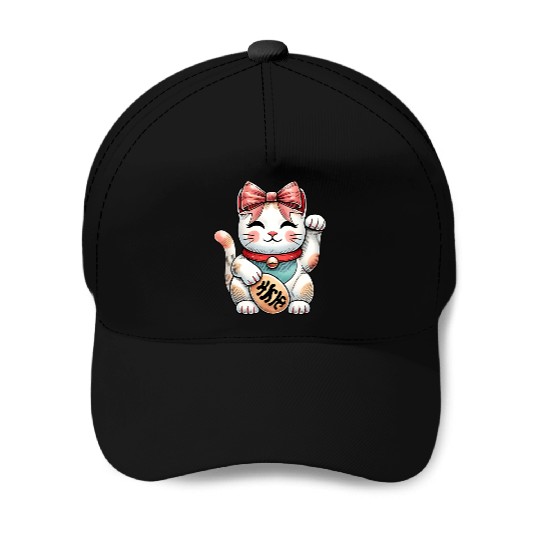 Coquette Bow Maneki Neko Japanese Cat Lucky Pink Baseball Caps
