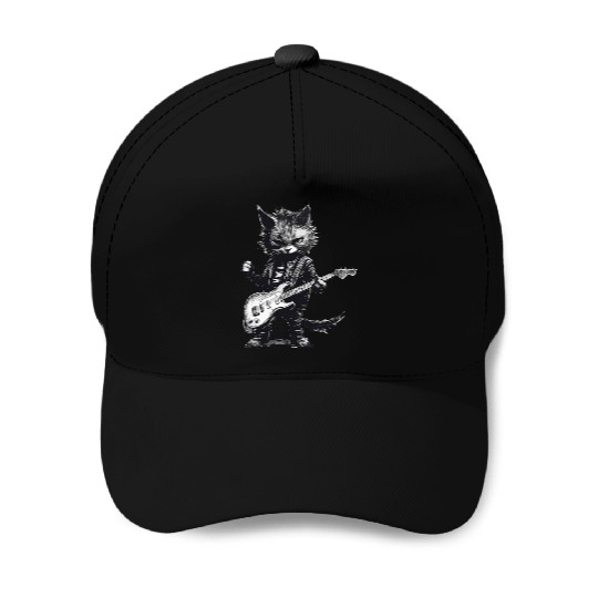 Rock And Roll Cat Guitar Baseball Caps - Music Cat Baseball Caps