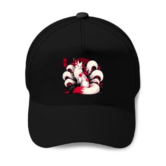 Kitsune Fox Red spider lily Flowers Japanese Nine Baseball Caps