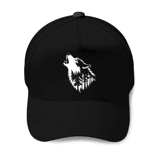 Howling Wolf & Forest Silhouette Baseball Caps