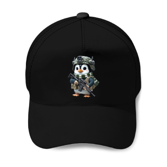 Penguin In Military Baseball Caps