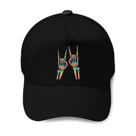 Skeleton Rock Hand Rainbow LGBTQ Gay Lesbian Pride Baseball Caps
