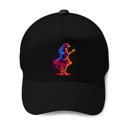 Guitar Player Girl Synthwave Baseball Caps