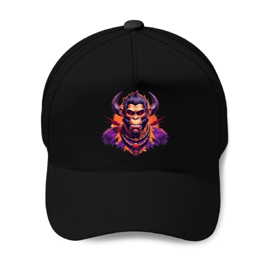 Tribal Monkey Warrior Mascot Illustration on White Baseball Caps