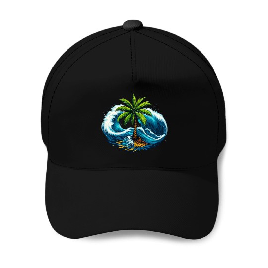 "Palm Serenity Amid Ocean Waves" Baseball Caps