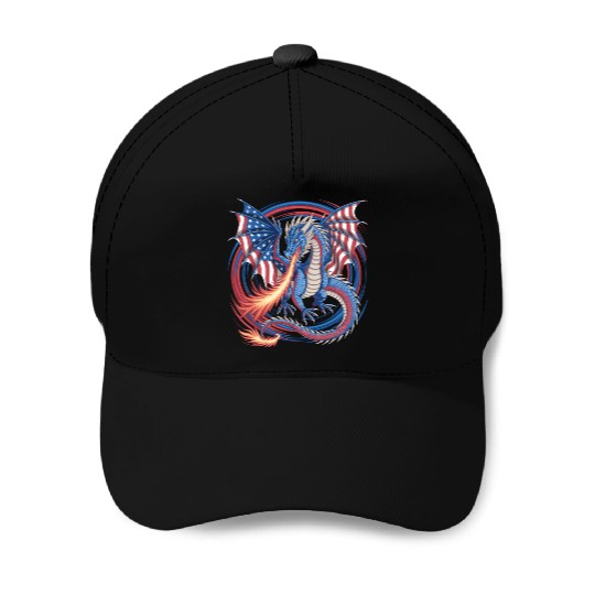 Patriotic American Flag Dragon Breathing Fire Baseball Caps