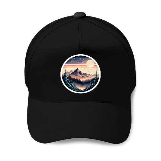 Retro 80s Gradient Sunset Mountain Sticker. Baseball Caps