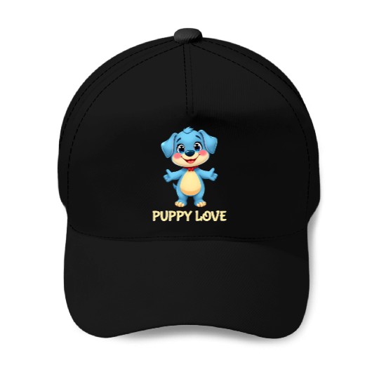 Blue Puppy Love Cartoon - Playful Pet Character Baseball Caps