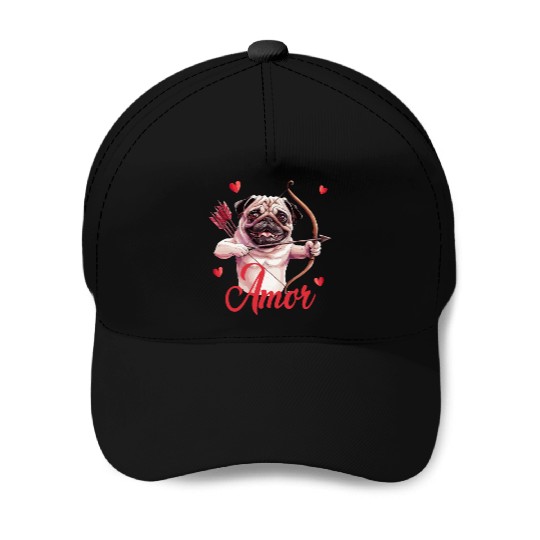 Amor Cupid Pug with Bow and Hearts Baseball Caps