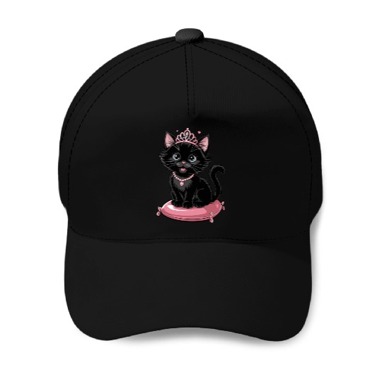 Royal Black Cat with Tiara and Jewels on Pink Baseball Caps