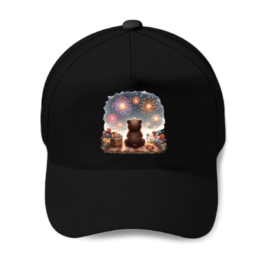 Fireworks Picnic Bear – Night Sky Celebration View Baseball Caps