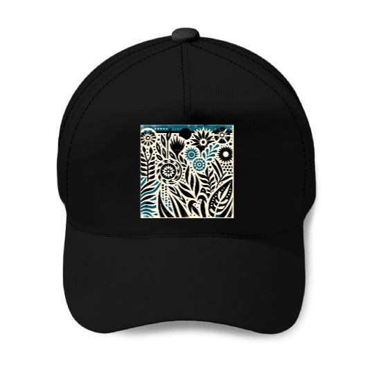 Teal & Black Floral Pattern Baseball Caps