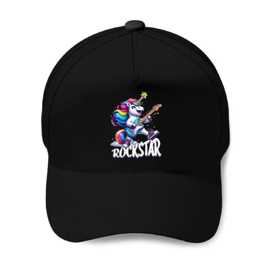 Rockstar Unicorn Playing Rainbow Guitar Baseball Caps