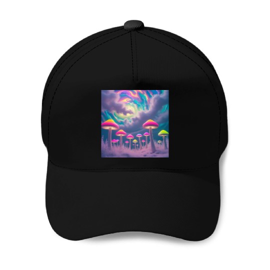 Neon Mushroom Forest – Psychedelic Minimalist Baseball Caps