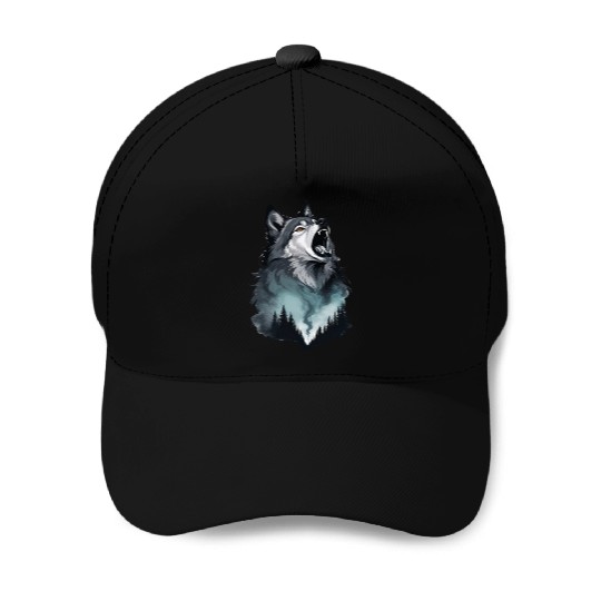 Howling Wolf Under the Northern Sky Baseball Caps