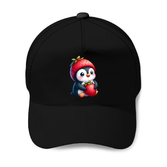Cute penguin with strawberry cartoon summer fun Baseball Caps