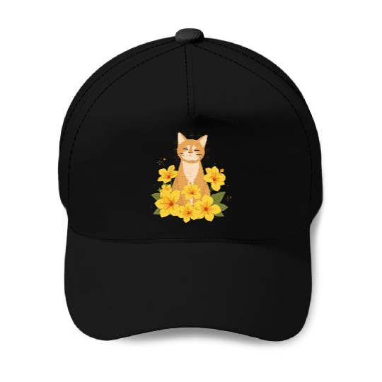 Orange Cat Surrounded by Yellow Hibiscus Flowers Baseball Caps