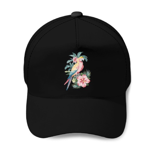 Tropical Parrot and Hibiscus Flowers Baseball Caps