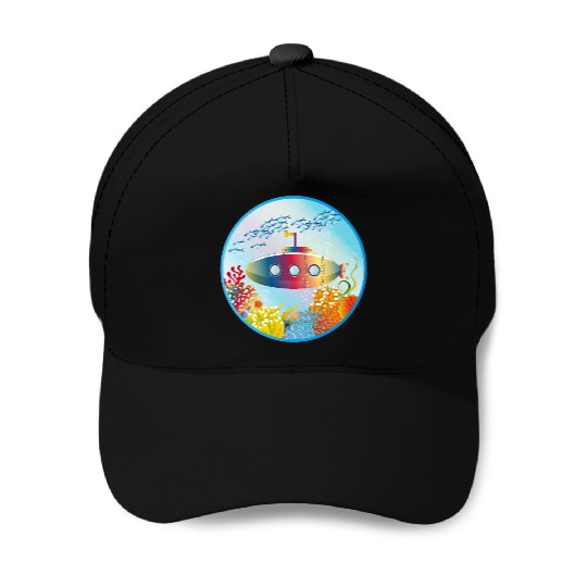 Colorful Submarine in a Tropical Coral Reef Baseball Caps