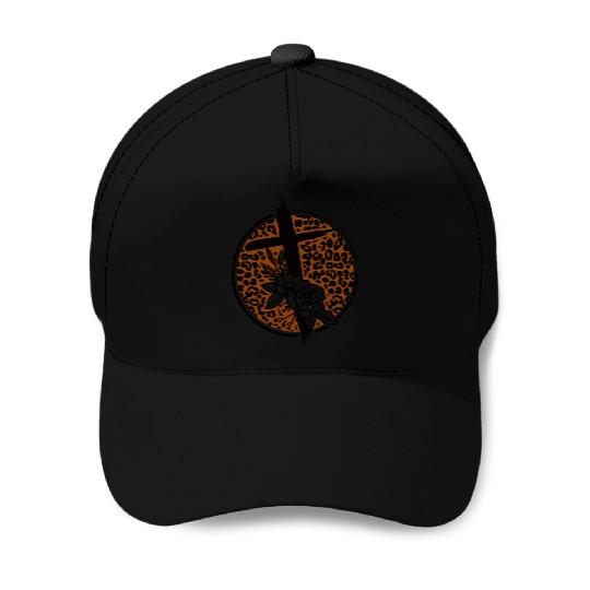 Leopard Print Cross with Flowers Baseball Caps