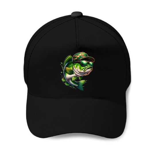 Camo Hat Bass Fish with Green Sunglasses Baseball Caps