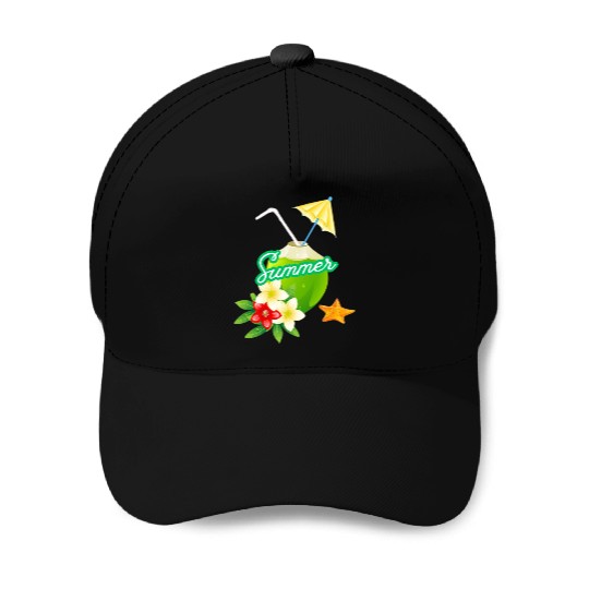 Tropical Summer Coconut with Flowers Baseball Caps