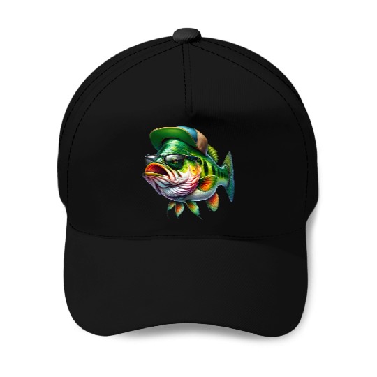 Cool Bass Fish with Green Hat and Glasses Baseball Caps