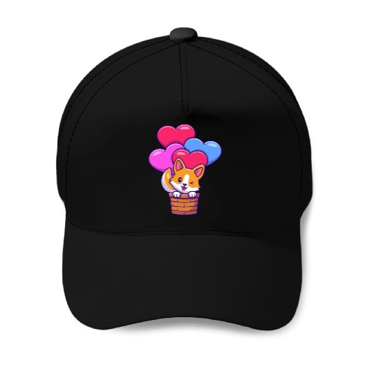 Whimsical Corgi with Heart Balloons Baseball Caps