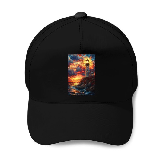 Stained Glass Lighthouse Sunset Baseball Caps