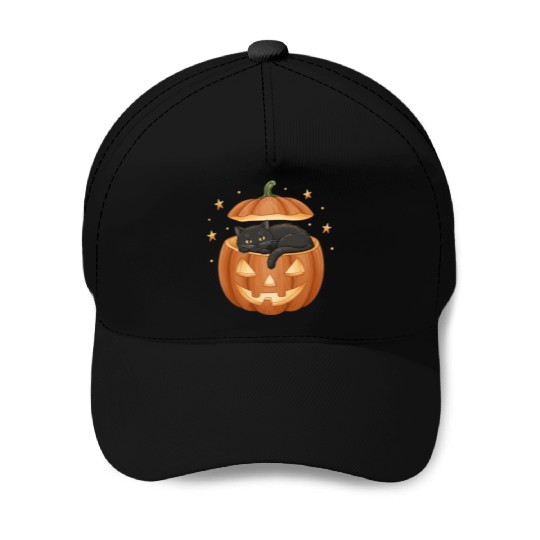 Black Cat in Jack-O-Lantern Pumpkin Baseball Caps