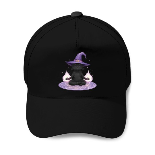 Whimsical Black Cat Wizard Design Baseball Caps