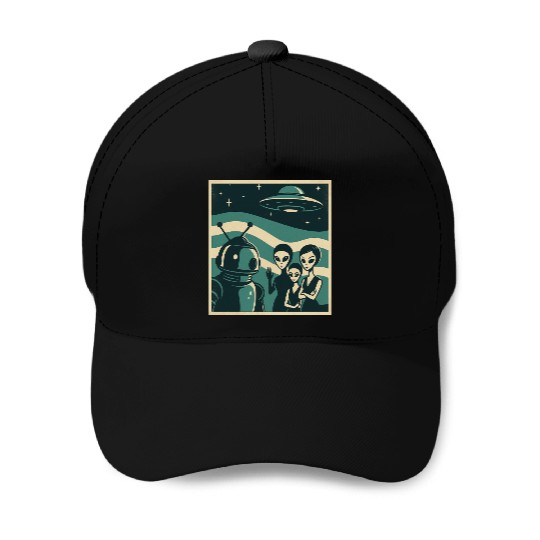 Retro Sci-Fi Alien Encounter Design Baseball Caps