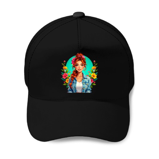 Teen Girl Aesthetic – Floral Cartoon Portrait Baseball Caps