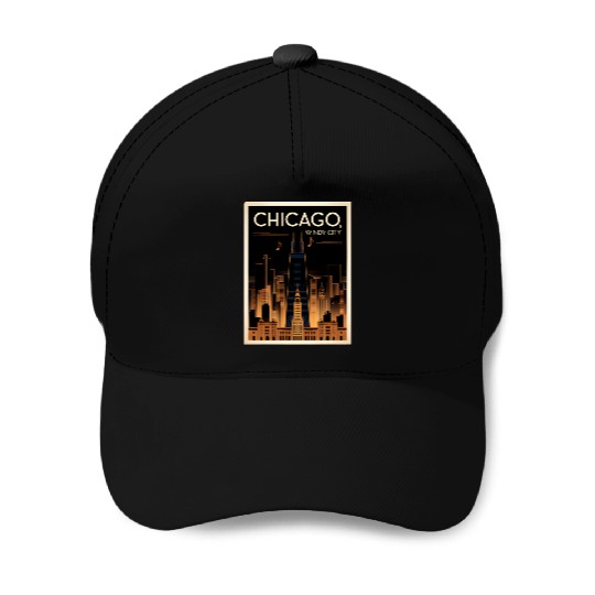 Chicago Skyline Nightscape Design Baseball Caps