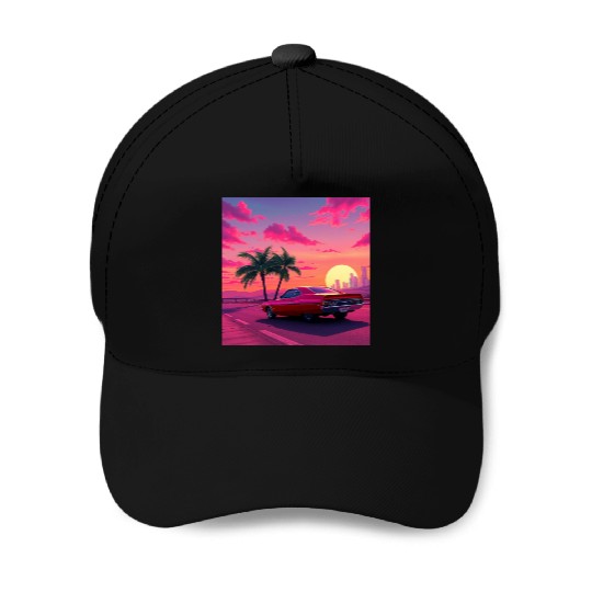 Neon Drift Sunset on the Synthwave Highway Baseball Caps