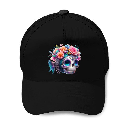 Colorful Sugar Skull with Floral Crown Baseball Caps